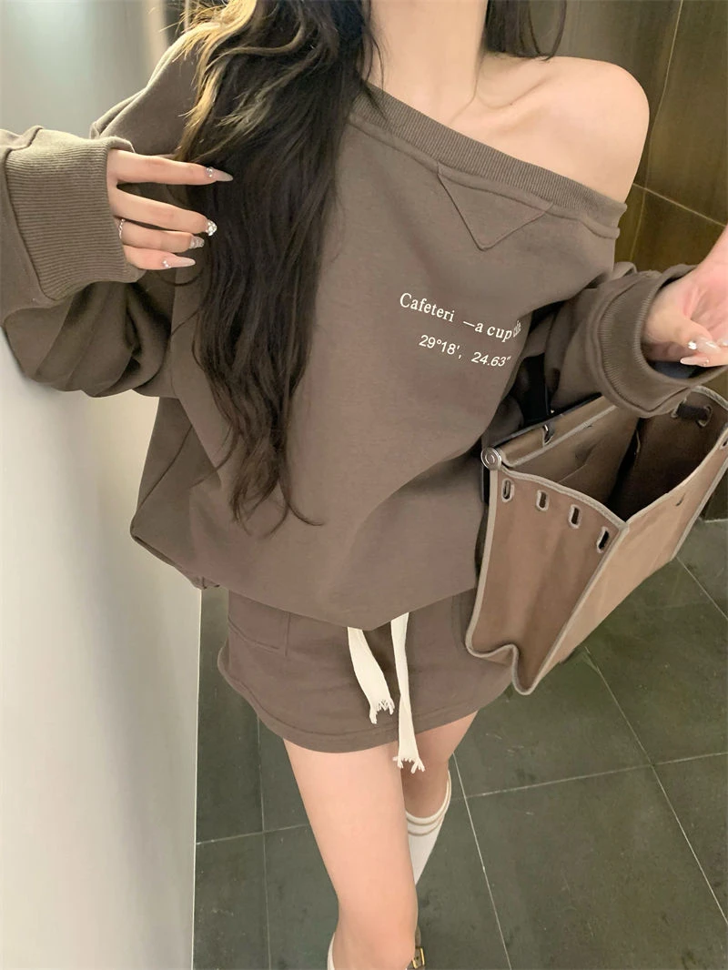 Autumn Winter Sweet Hot Girl Casual Suit Women\'s Off Shoulder Long-sleeved Sweatshirt Mini Skirt Two-piece Set Female Clothes