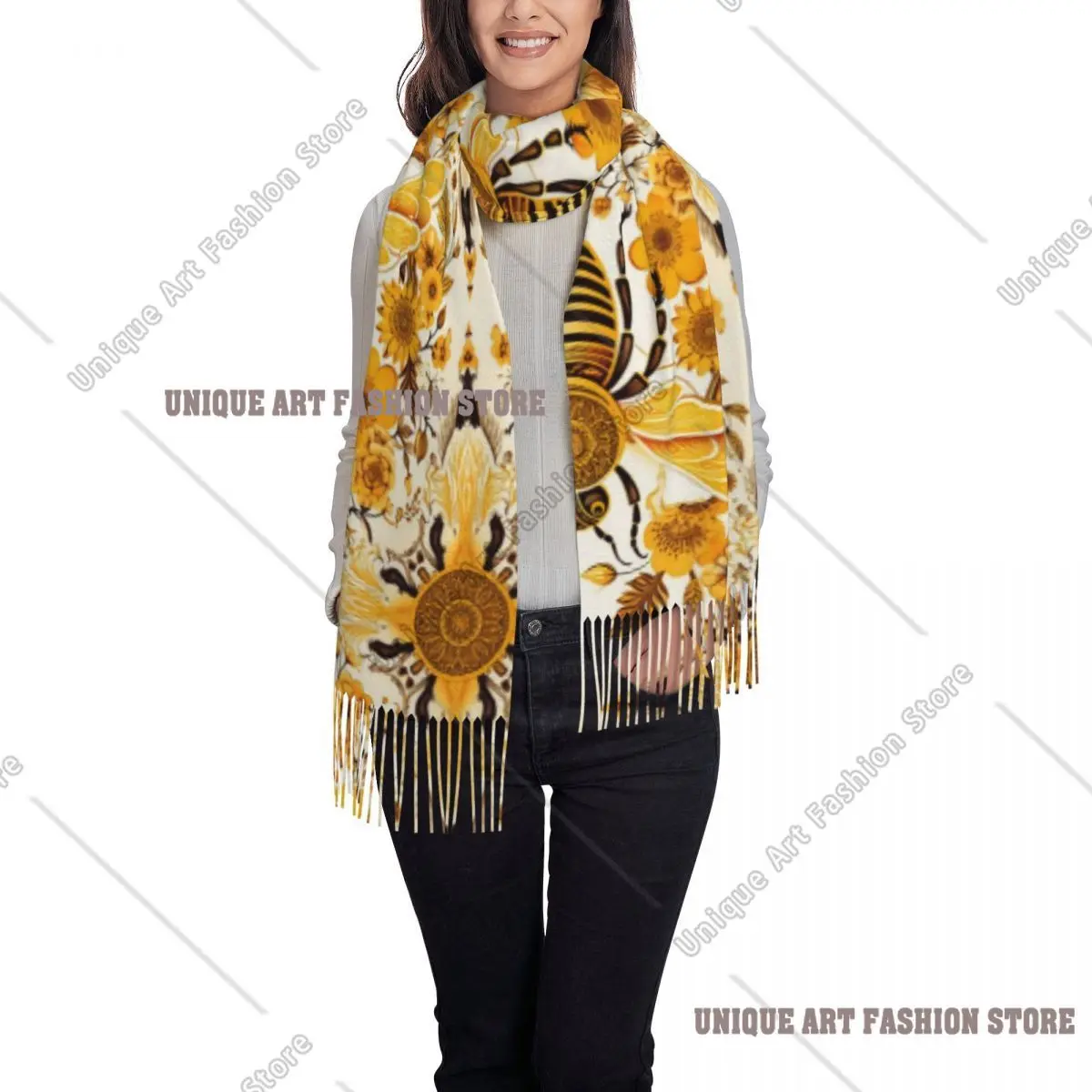 مخصص لطيف النحل والزهور نمط شرابة وشاح المرأة شتاء دافئ شالات يلتف سيدة الأوشحة #2