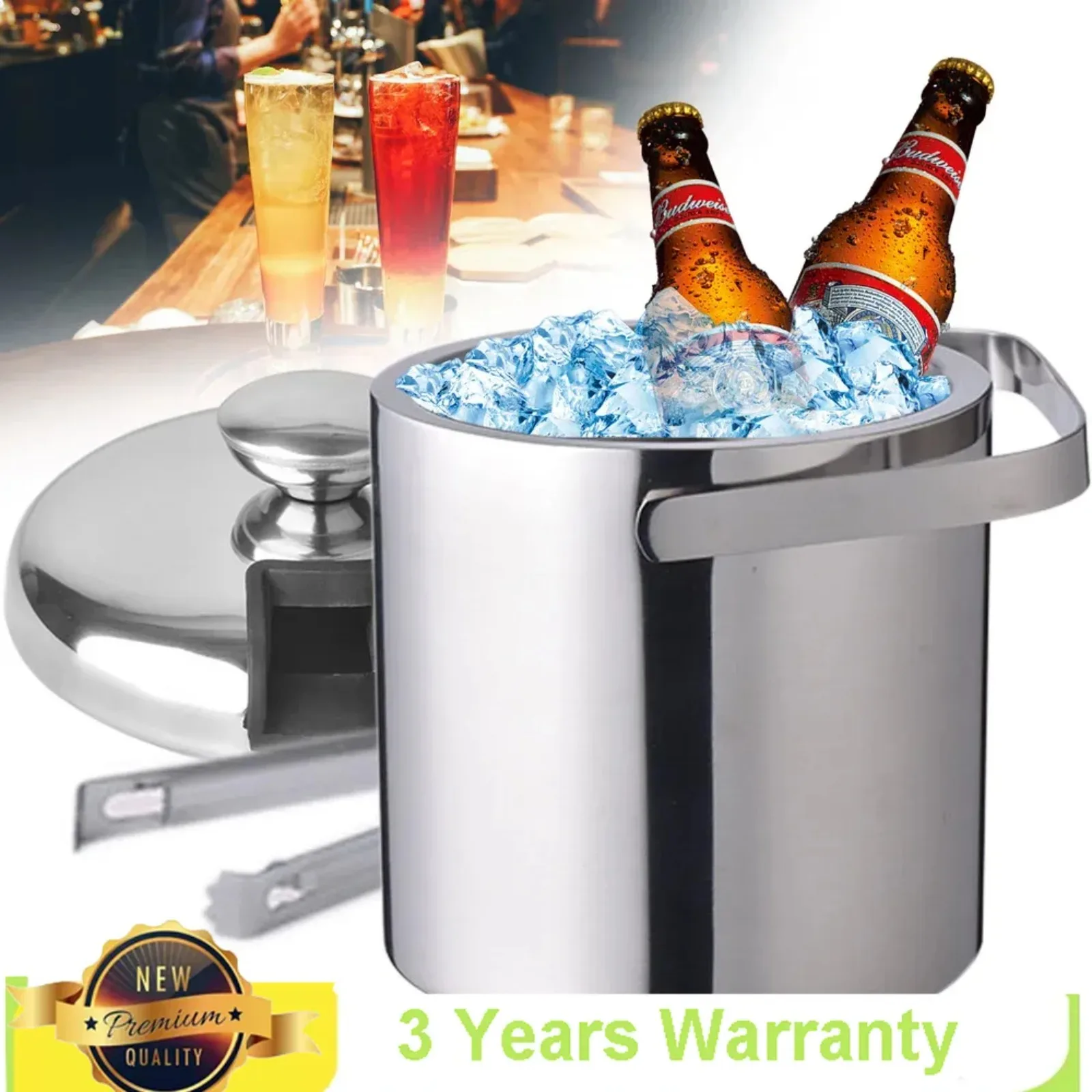 Bymaocar 1300ML 2-Layer Stainless Steel Insulated Ice Bucket w/ Lid & Ice Tong Outdoor Activity Versatile to Use for 3-5 People