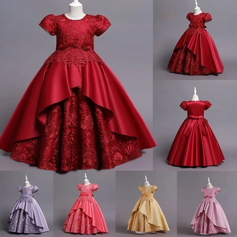 

Children's Clothing Sets Luxury Satin Flower Girl Dress, Embroidered Long Gown for Girls, European Style Formal Wear