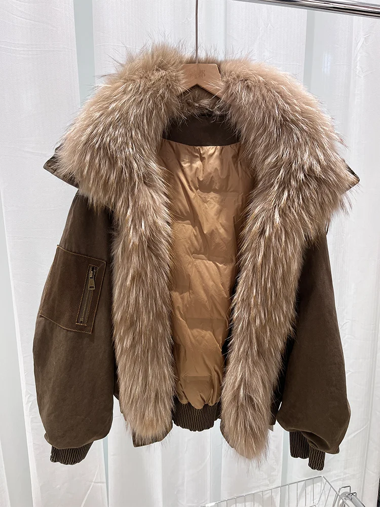 2025 New Fashion Winter Women Goose Down Jacket Natural Raccoon Fur Collar Parkas Luxury Puffer Jackets Cusual Clothing