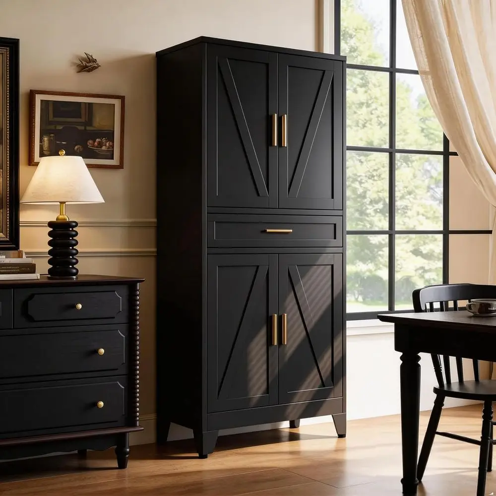 

71" H Metal Kitchen Pantry Cabinet with Ders,Black Kitchen Storage Cabiwith Do,Tall Pantry ood Storage Cabi,Large reestanding Ca