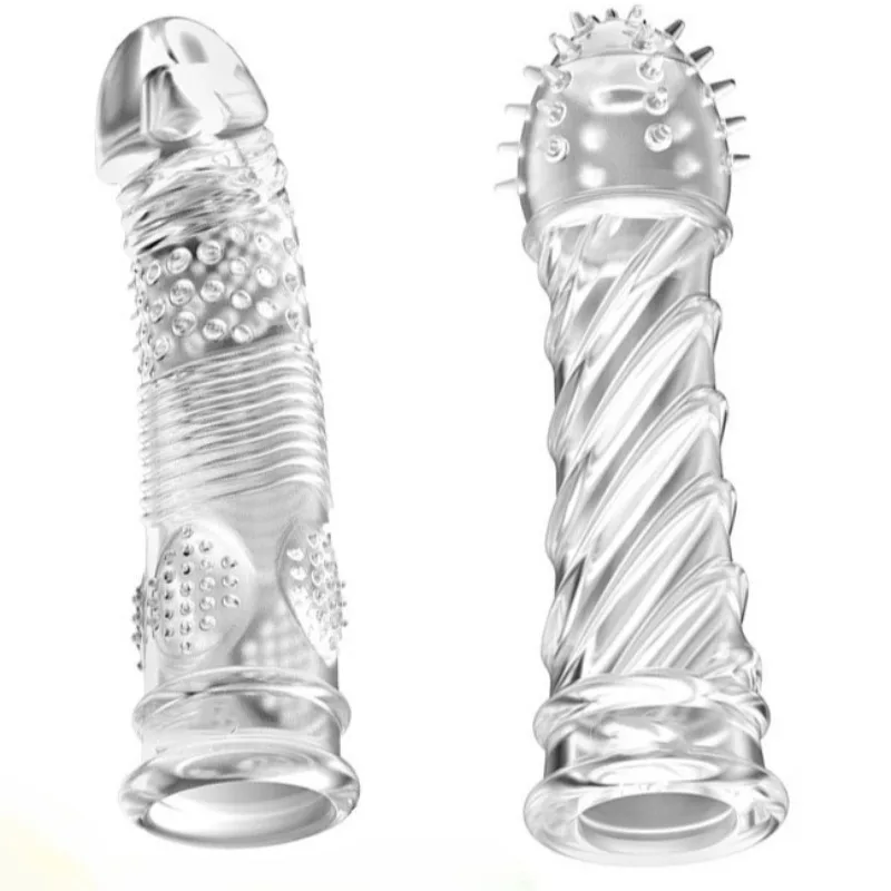 Transparent Penis Sleeve Reusable Condom Delay Ejaculation Male Penis Enlargement Dildos Extender Sex Toys for 18+ Men 2 Types