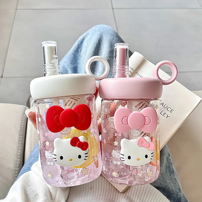 Hello Kitty Summer Girls' Plastic Cup  Cute, Stylish Straw Cup  Large-Capacity, Food-Grade, Portable Student Sports Water Bottle