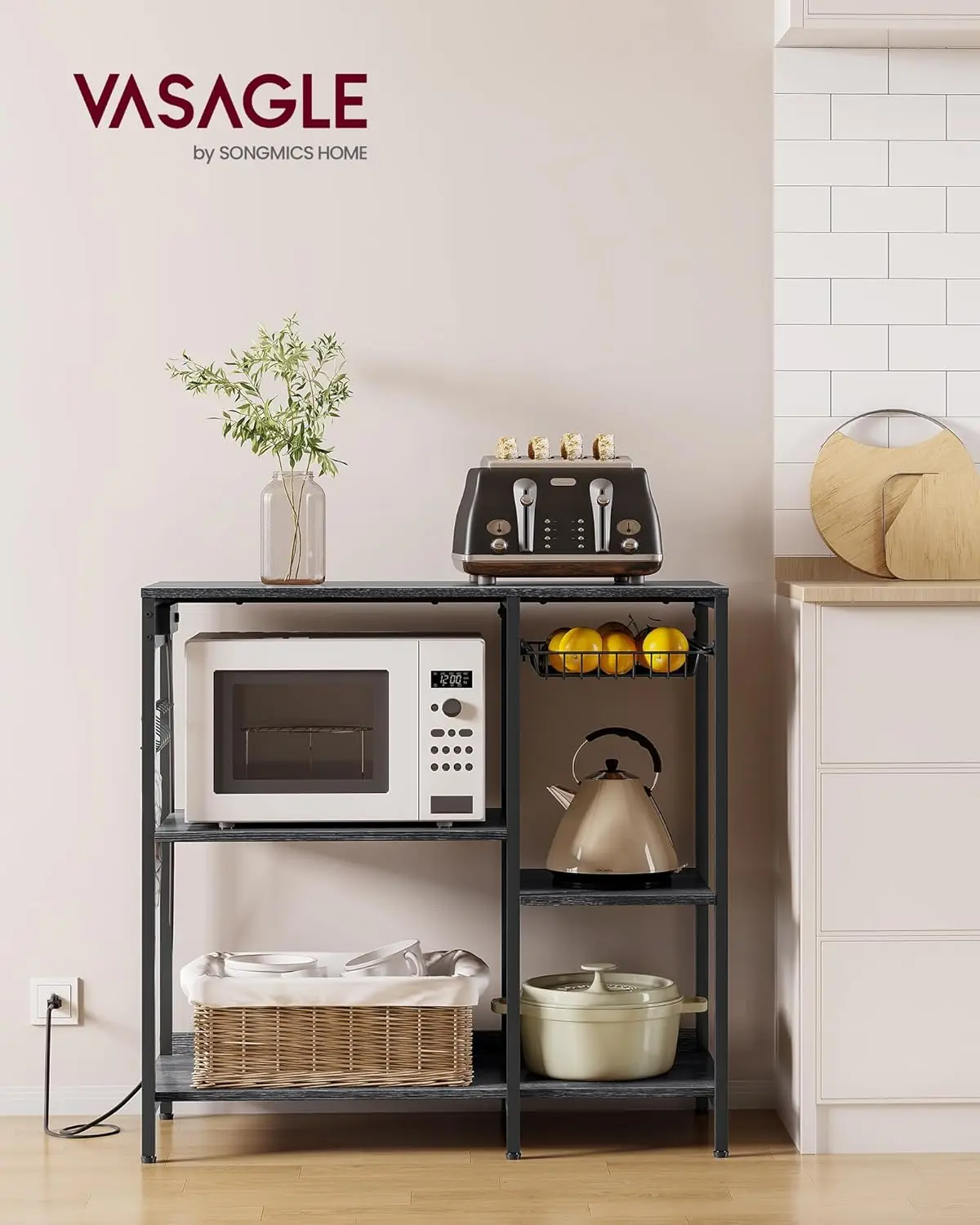 Baker's Rack, Coffee Bar Stand with Charging Station, Storage Shelves, Pull-Out Wire Basket, Table for Microwave, Kitche