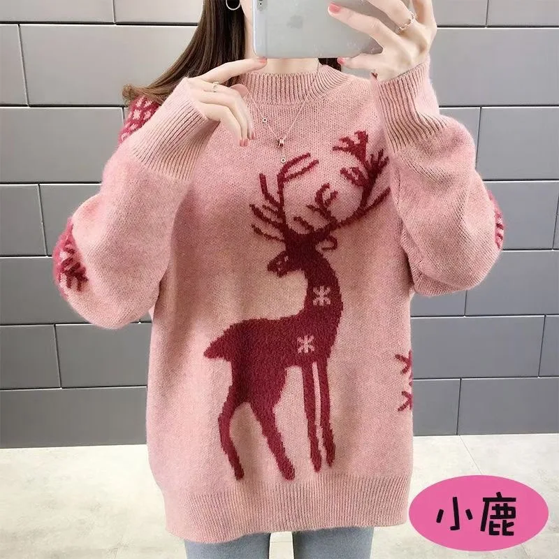 

​​Women's Deer Pattern Sweater Korean Style Round Neck Knit Top Loose Fit Pullover for Autumn Winter​