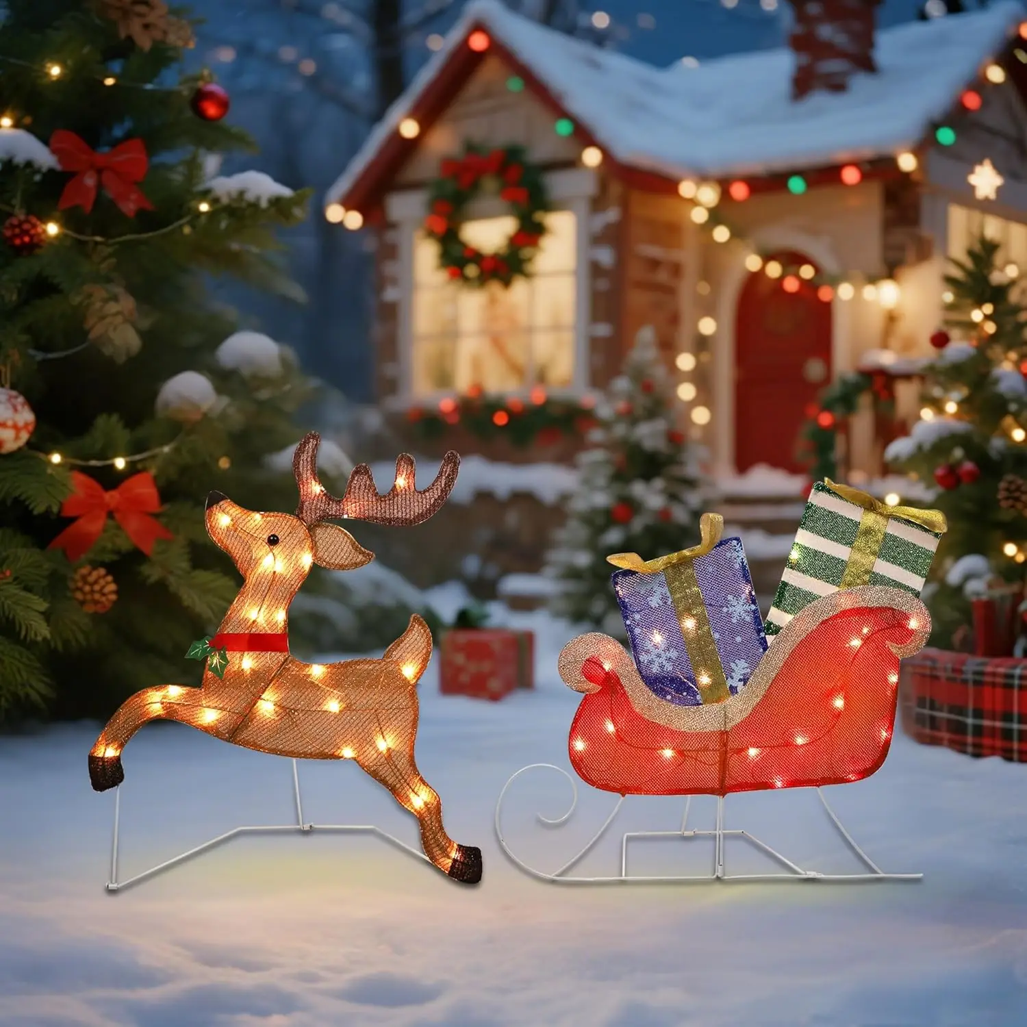 زينة عيد الميلاد المضاءة 25 بوصة × 44 بوصة الرنة، 50 مصباحًا لعيد الميلاد الرنة مع مزلقة وصناديق هدايا، ديكورا مضيئة