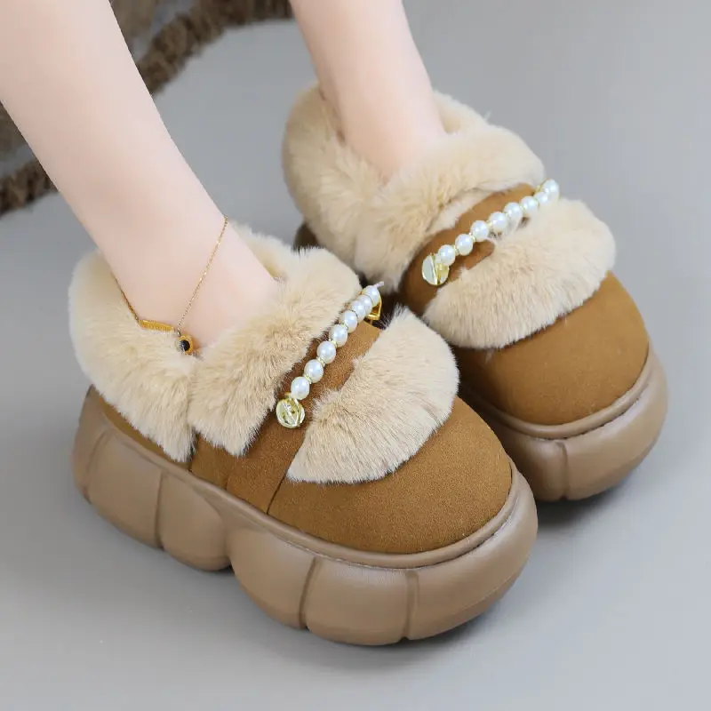 

New plush pearls slippers closed back winter shoes for women warm slip on furry loafers woman platform fluffy faux suede slipper