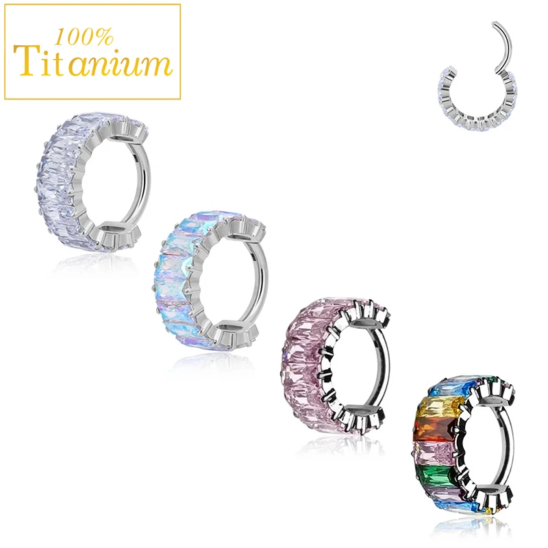 

1Pc F136 Titanium Cartilage Nose Ring Rectangle Cubic Zirconia Tragus Helix Daith Lobe Piercing Earrings Hinged Clicker Hoop 16G