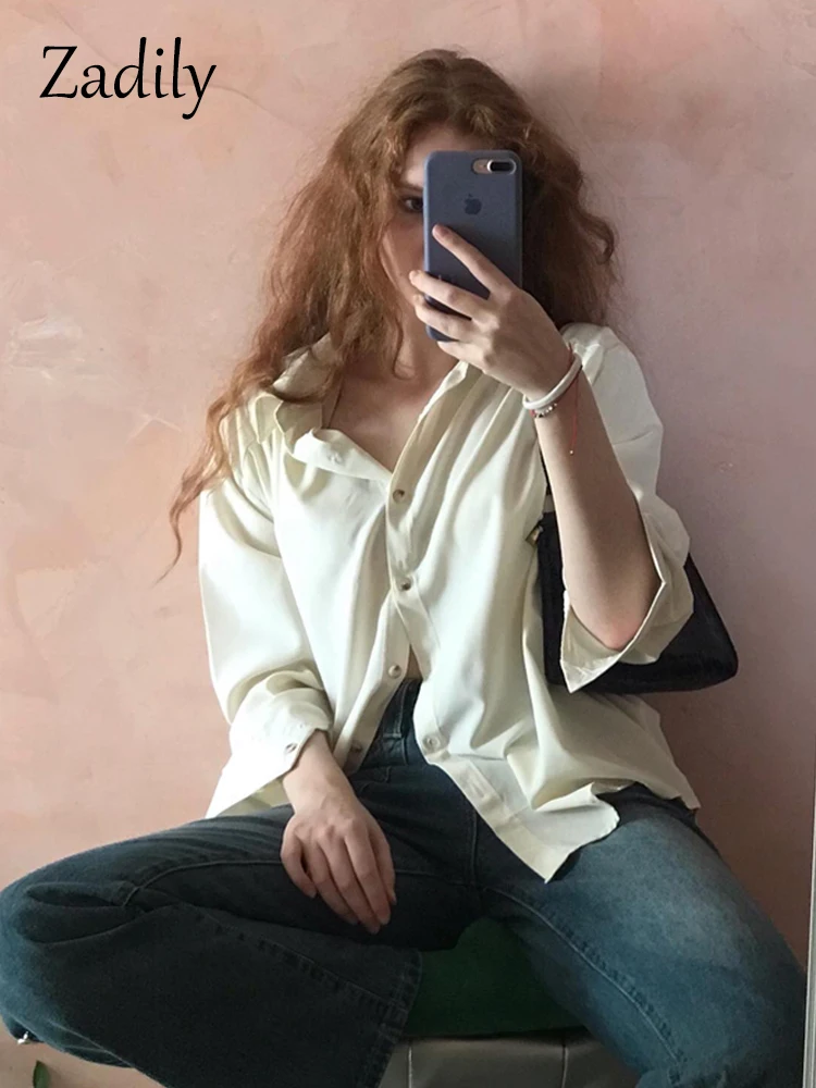 Zadily 2024 Summer Office Lady Long Sleeve Tie Shirt Women Korean Style Button Up Loose Tunic Blouse Work Female Clothing Tops