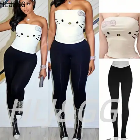 HLJ&GG Fashion Print Rhinestone Off Shoulder Vest Two Piece Sets Women Sleeveless Slim Top + Skinny Pants Outfits Y2K Streetwear