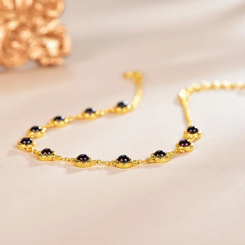 Garnet Bracelet Women's Natural Genuine S925 Silver Birthstone Japanese Style Sweet Elegant 18K Yellow Gold with Certificate