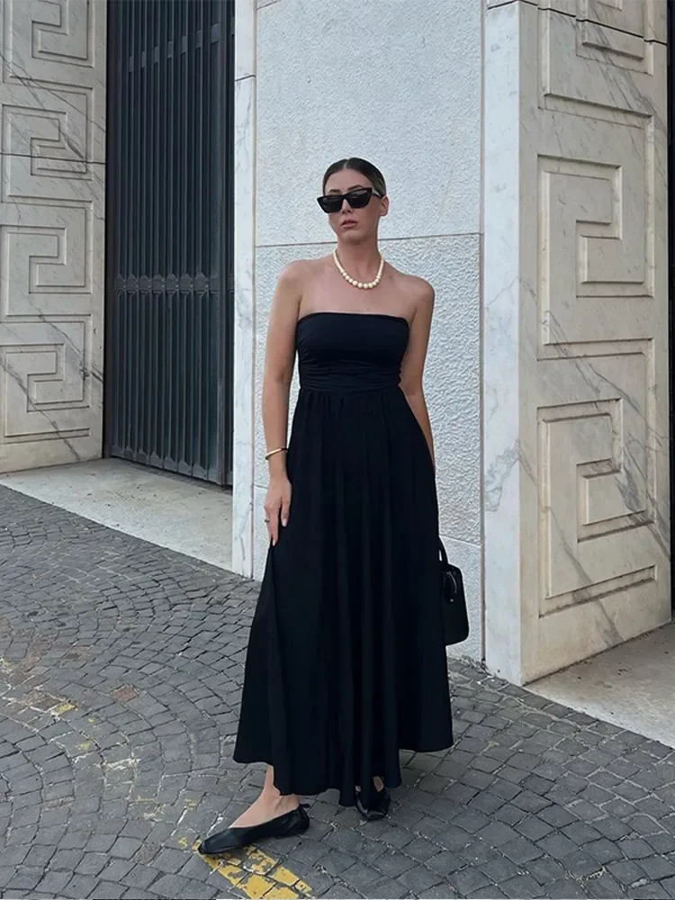 Mulheres elegantes sólido sem mangas fora do ombro maxi vestido sexy sem costas cintura alta vestidos plissados chique senhora clube festa robes