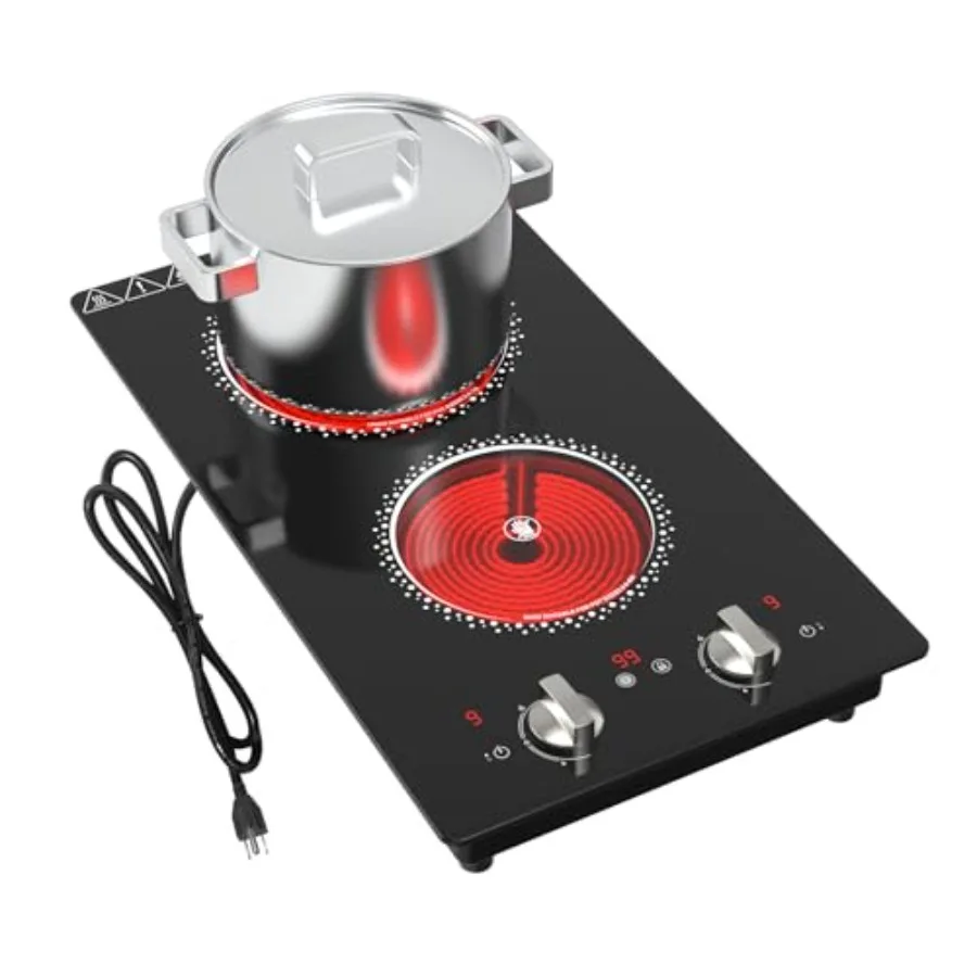 Placa de cocción eléctrica de 2 quemadores para encimera de cocina, superficie de vidrio negro, potencia de 2100W con control de 9 niveles, temporizador y protección para niños.