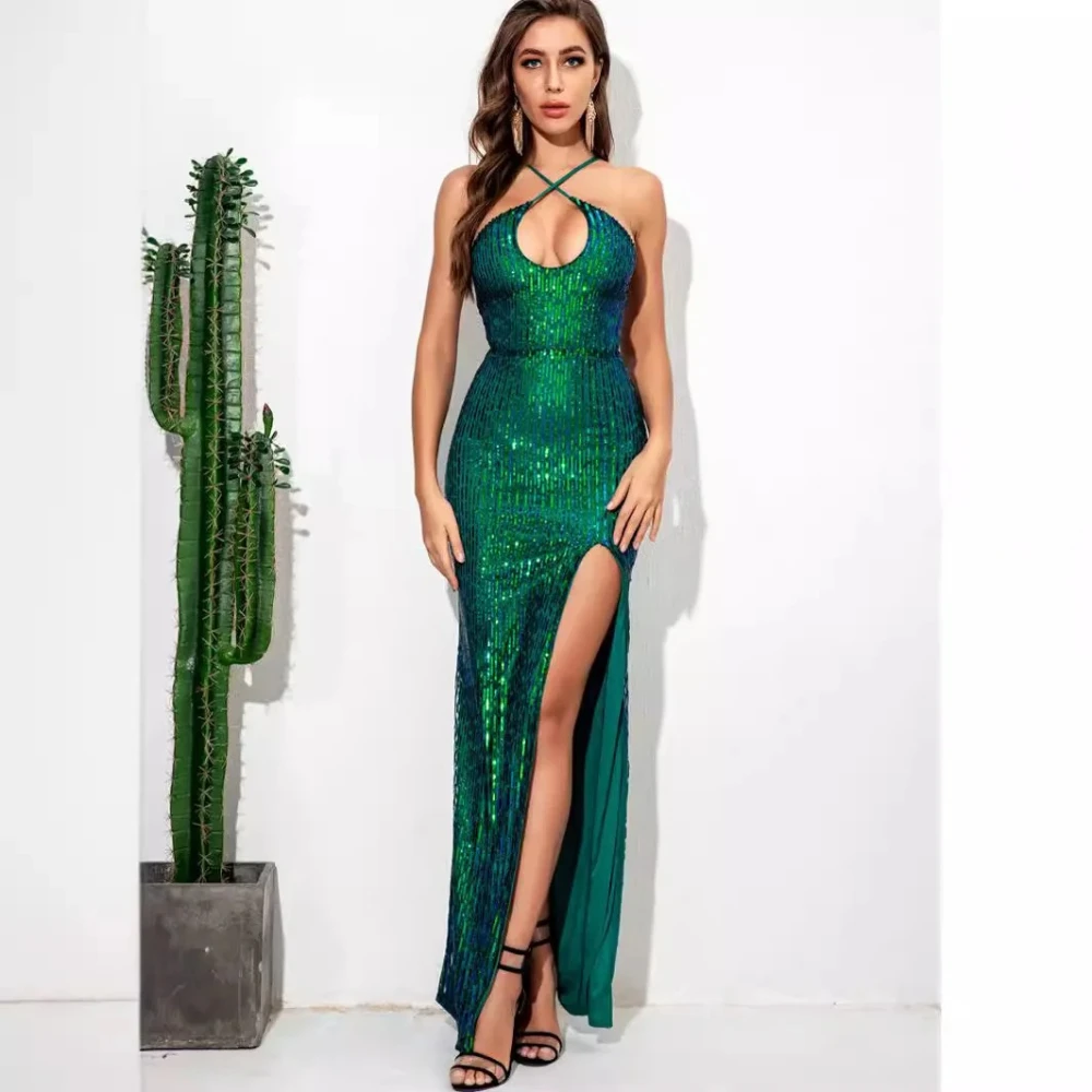 

Womens Elegant Party dresses Sexy Sequins Evening dresses 2026 woman clothing Neck Hanging Long Summer Dresses New Prom Dress