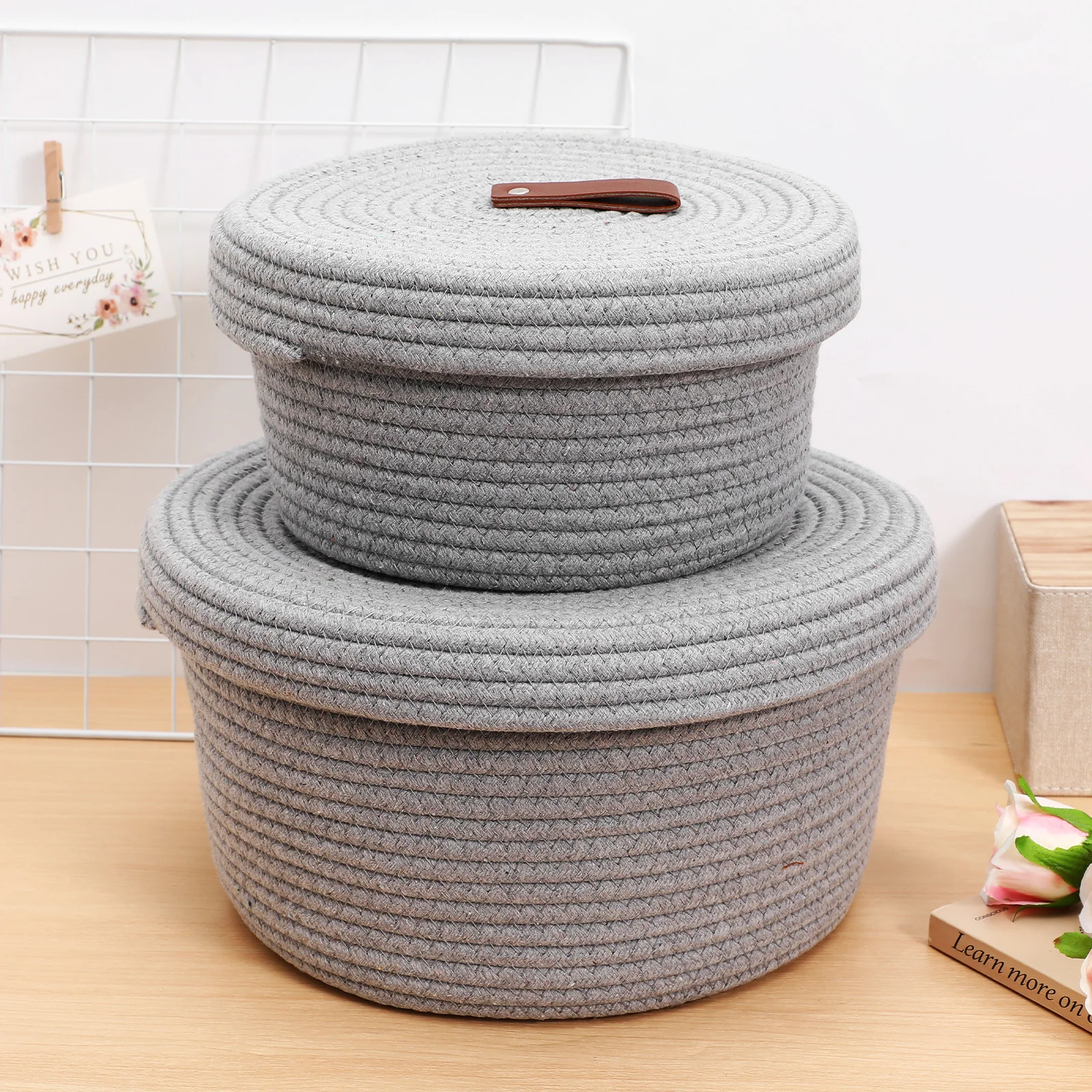 

2Pcs Cotton Rope Woven Basket Storage Organizer with Lid for Home Nursery Laundry Rope Basket Small Organizer Baskets