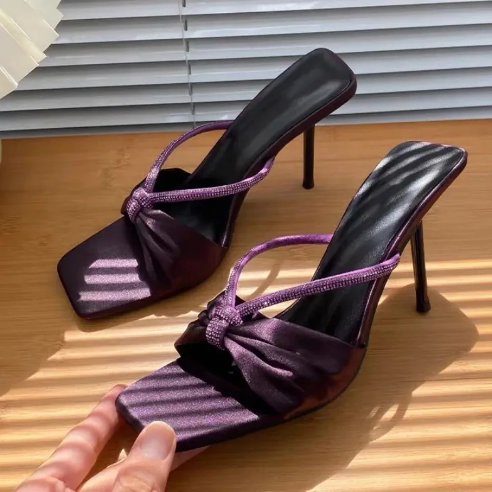 2026 Summer Female Square Head Champagne Colored Rhinoceros Stripe High Heel Cool Sandal Thin Heel Half Slipper Outer Wear