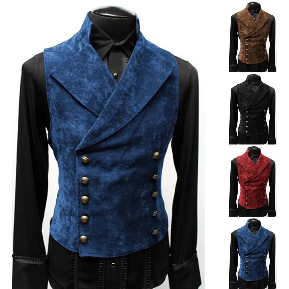 Men’s Gothic Medieval Double Breasted Waistcoat Cosplay Costume Victorian Velvet Vest Coat Prom Retro Stand Collar Comfy Vest