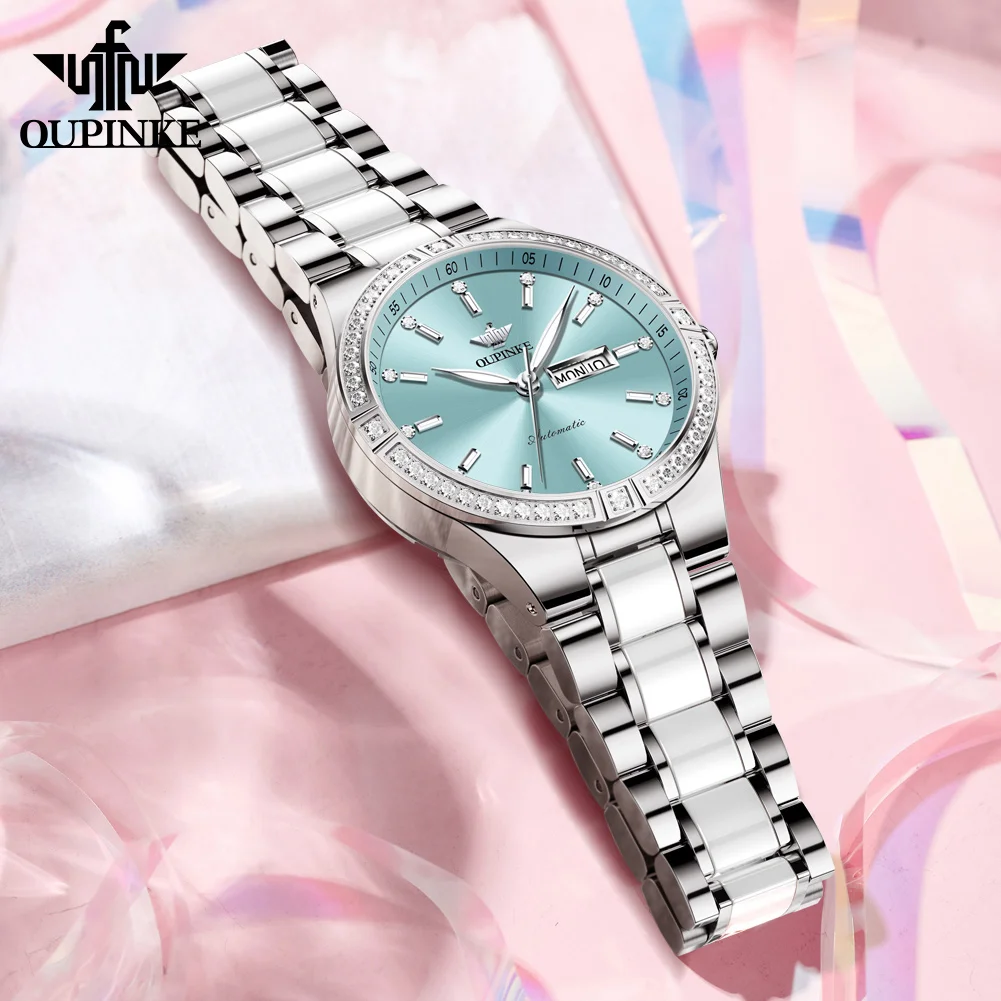 OUPINKE 3283 Dual Calendar Automatic Watch For Women Import Mechanical Movement Ceramic Steel Strap Hand Clock Waterproof Watch