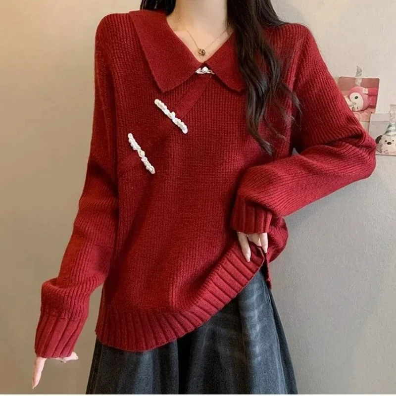 Large Size Red Sweater for Women's Clothing Slimming Look Doll Neck Knitted Base Sweater