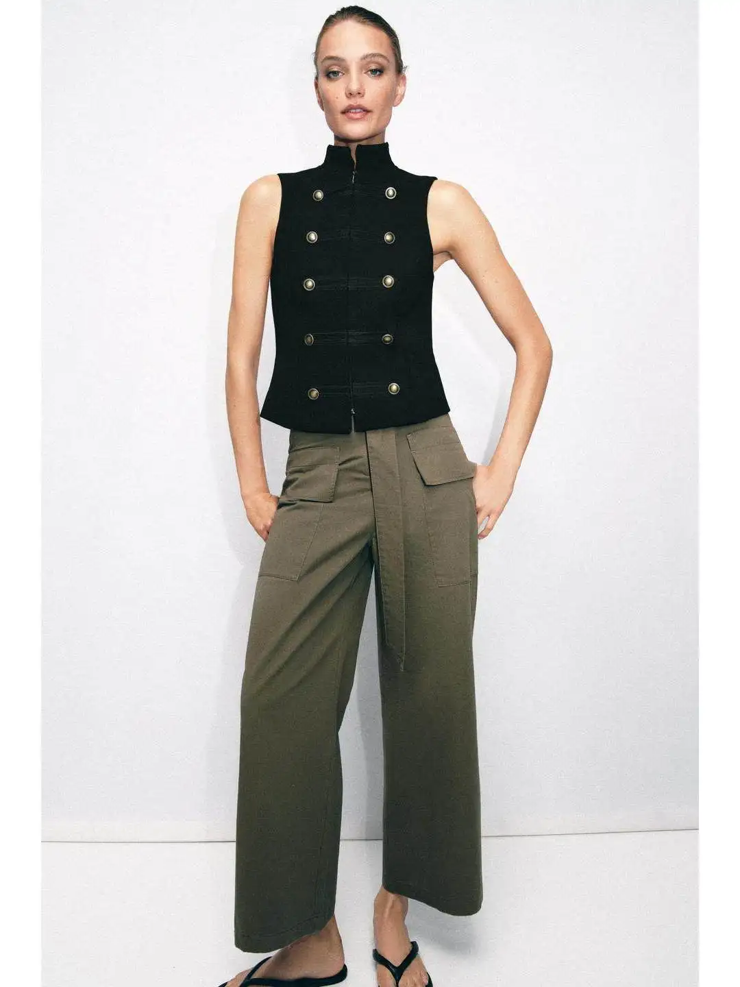 Spring New Style Versatile Zipper Closure Rope Knot Golden Buckle Decoration Stand Collar Sleeveless Vest Women's Fashion