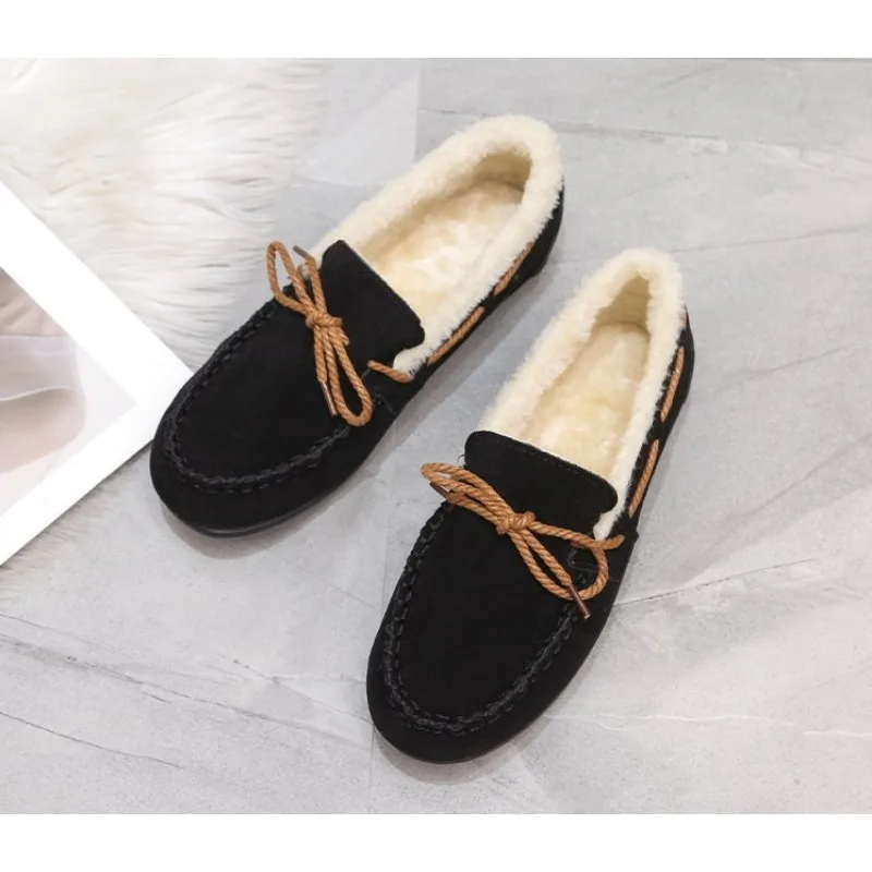 Women Winter Casual Shoes New Moccasins Soft Flat Non-slip Loafers Fashion Comfort Warm Plush Bow Slip on Female Cotton Shoes