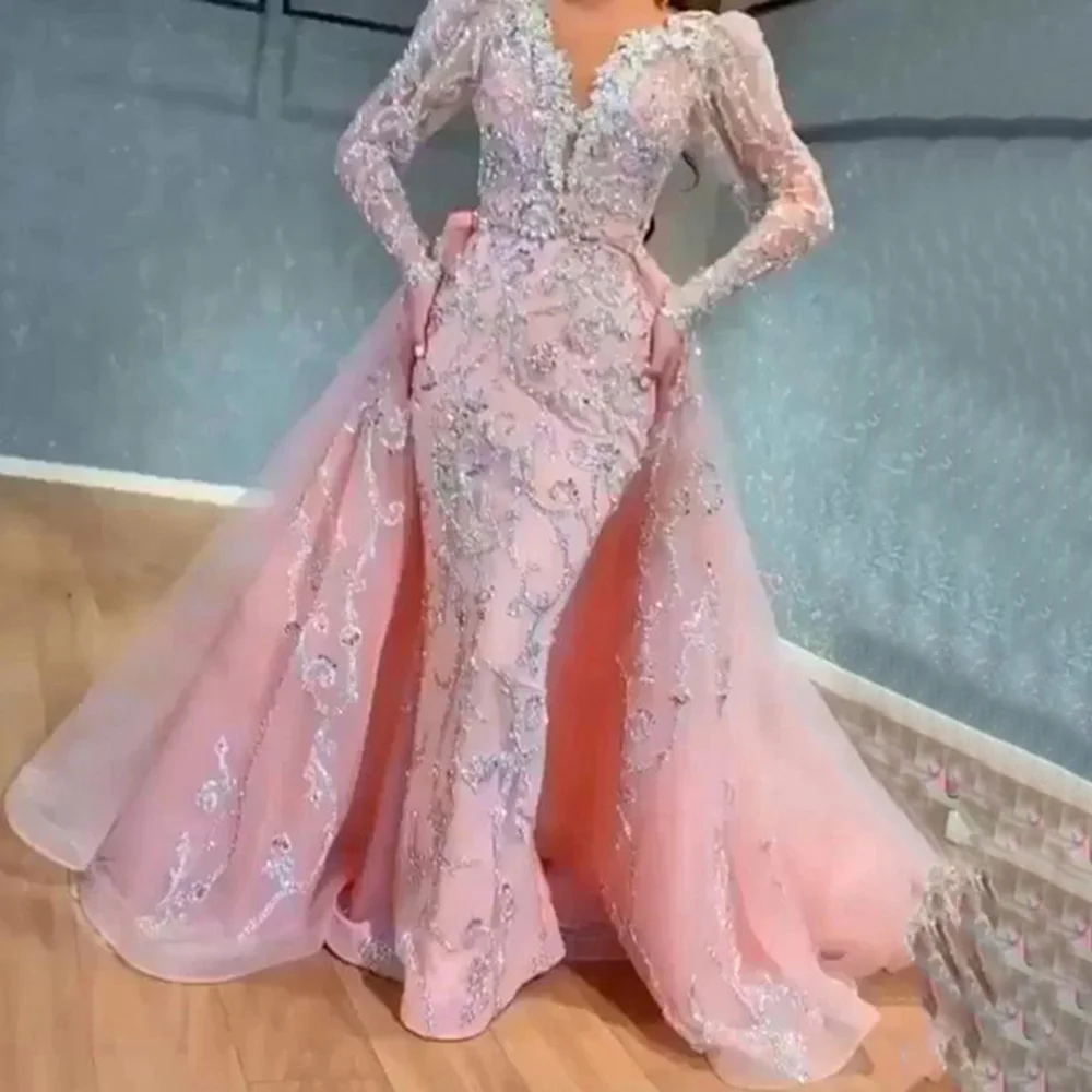 New Elegant Champagne Feather Long Sleeve Evening Gown Luxury 2023 Dubai Beaded Muslim Women Wedding Fashion Sequin Dress