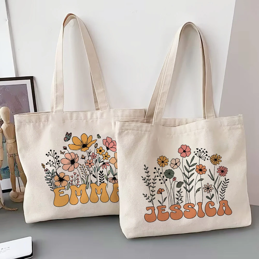 Personalized Custom Name Flower Canvas Tote Bag for Women, Monogram Shoulder Shopping Bag, Perfect Birthday Wedding Gift for Her