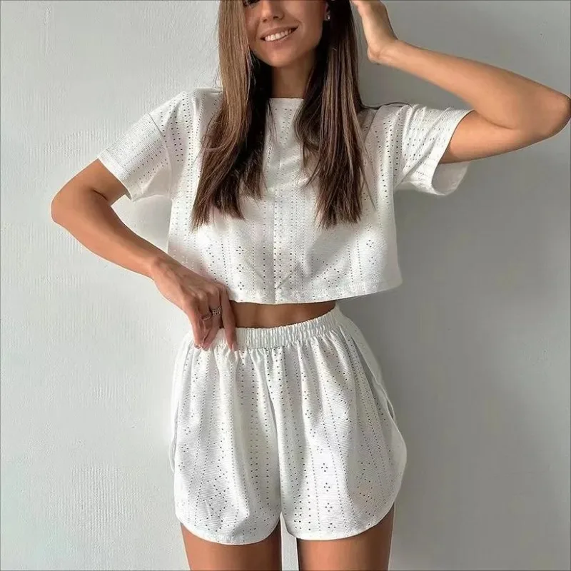 Women's Solid Pajamas Set Summer Casual Women's Short Sleeve Tops Shorts Sleepwear 2 Piece Set Loose Round Neck Home Loungewear