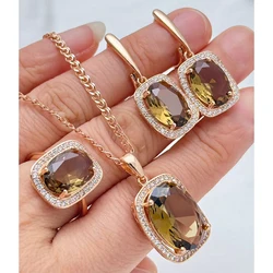Kinel Hot Oval Brown Natural Zircon Ring Earrings Necklace for Women Fashion 585 Rose Gold Color Vintage Wedding Jewelry Sets