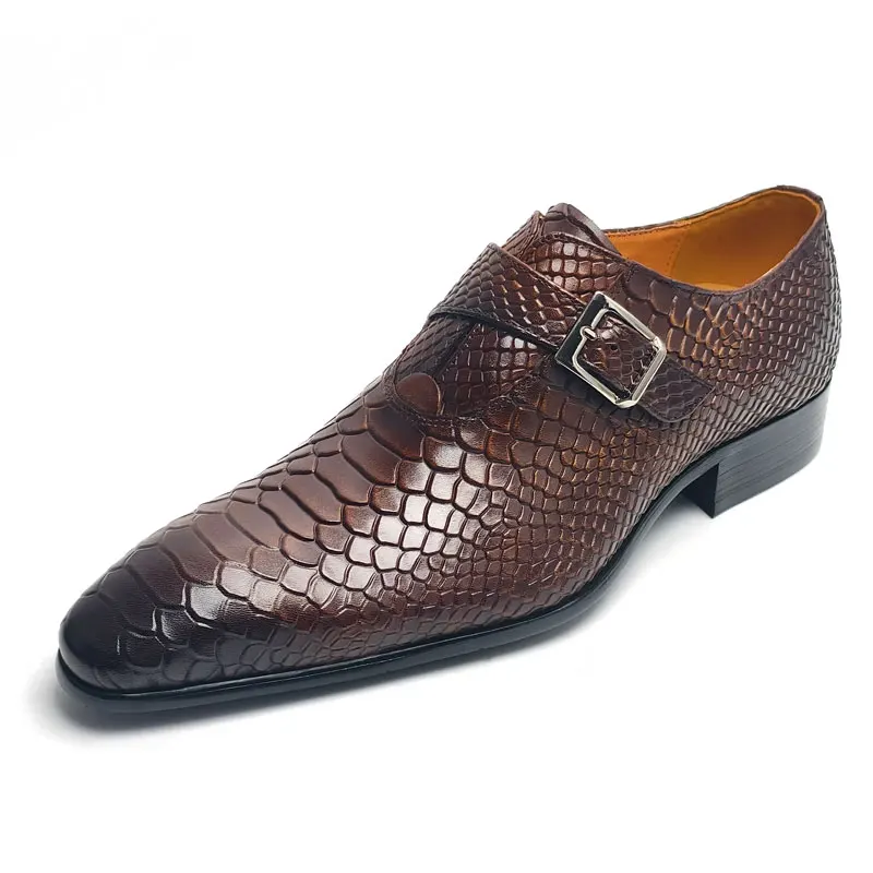New Men\'s Leather Shoes Comfortable Handmade Oxford Casual Business Monk Style Serpentine Printing Luxury Fashion Dress Man Shoe