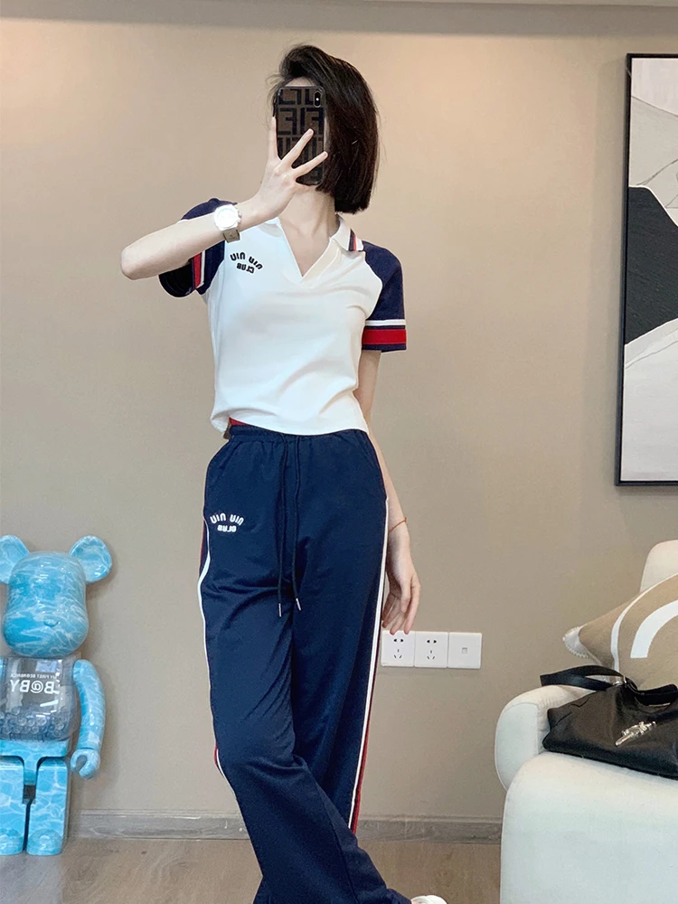 High Quality White Casual Sportswear For Women\'s 2024 SummerNew Western Style Slim Fitting Fashion Trend Short Sleeved Blue Pant