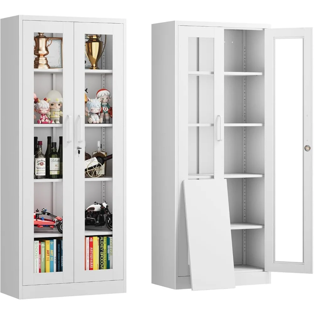 

Display Storage Cabinet with Glass Door, 67 Inches Metal Curio Cabinet with 4 Adjustable Shelves, Lockable Glass Display Case
