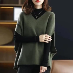 Colete de suéter vintage com decote em v feminino solto, estilo coreano, pulôveres de malha casual, batwing, combina tudo, primavera, moda outono, estilo preguiçoso