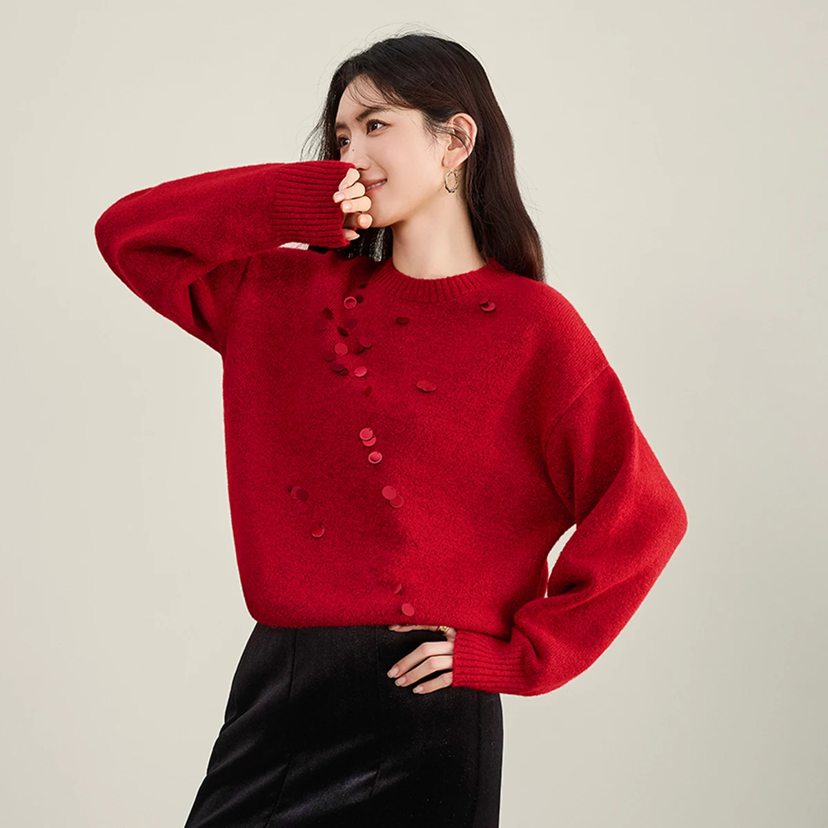 سترة حمراء للعام الجديد من SENTUBILA للنساء 2025 بلوفر تريكو بأكمام طويلة مع بلوزة محبوكة بالترتر للمرأة W54EE3142 #2