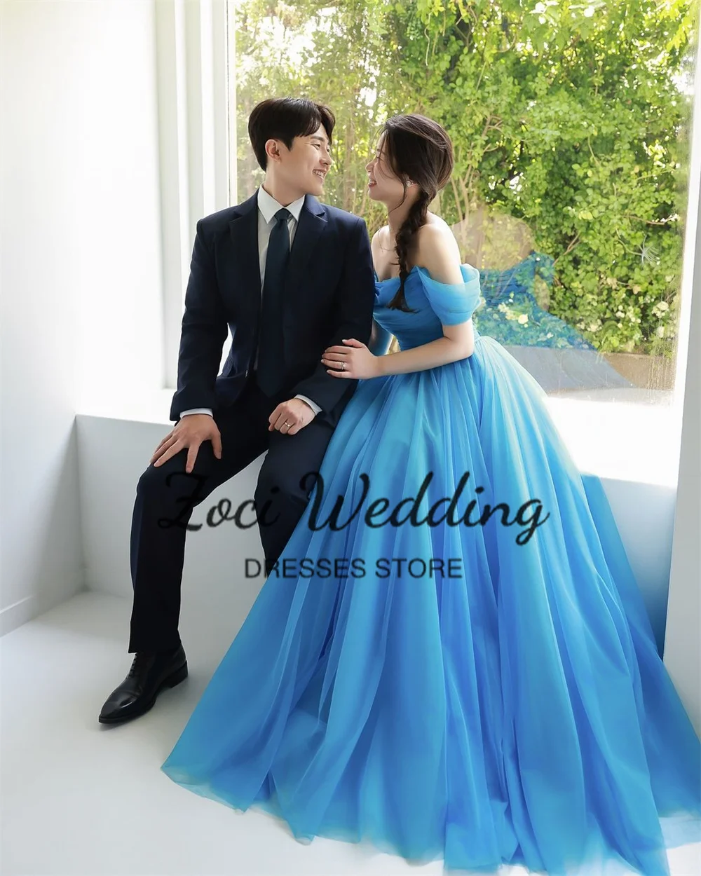 Zoci Prosta Sukienka Ślubna w Koreańskim Stylu A-line z Odkrytymi Ramionami, Tiulowa Sukienka Baśniowa w Kolorze Błękitnym na Występ, Sukienka Koreańska na Sesję Zdjęciową na Zamówienie 웨딩드레스