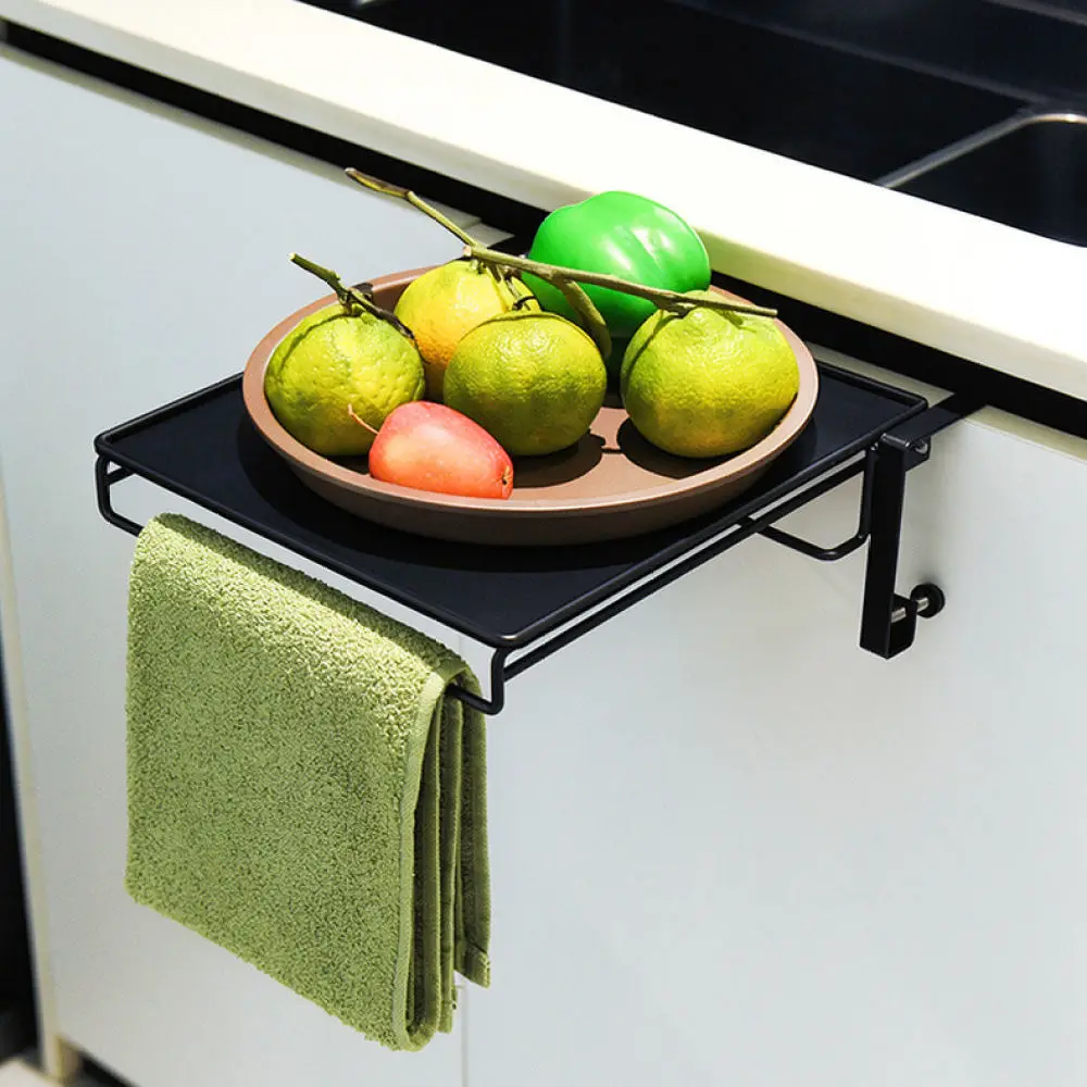 Foldable Kitchen Storage Shelf Carbon Steel Cabinet Door Hanging Organizer Countertop Food Prep Assistant Tool