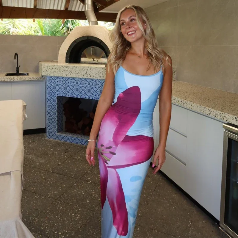 Elegant Printed Backless Long Dress Summer Women's Fashion Contrast Color Party Dress Patchwork Suspender Long Dress 2024 New