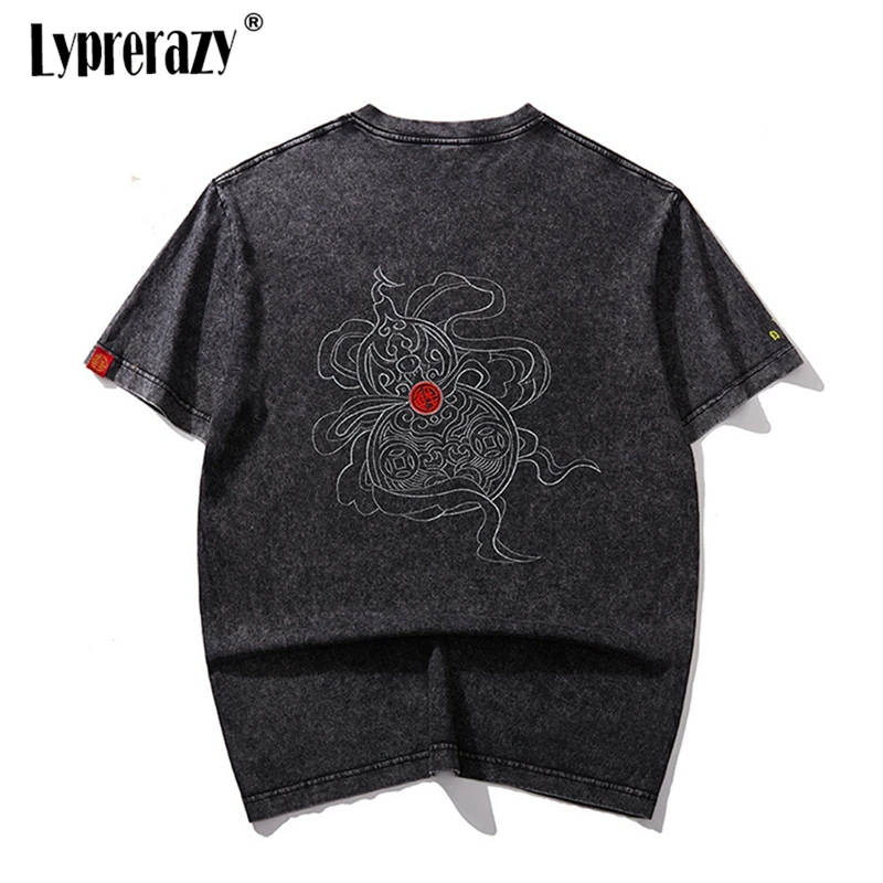 

Lyprerazy Chinese Style Chinese Characters Happy and Rich Life Gourd Embroidery Short-sleeved Men's T-shirt Casual Cotton Tee