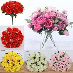 18 Heads Silk Rose Artificial Flowers Fake Bouquet Home Party Table Decoration Yellow Red Pink Rose Bride Wedding Flower