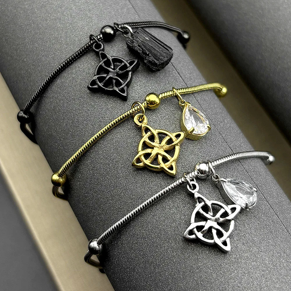 

Goth Witch Celtic Irish Knot Bracelet for Women Waterdrop Rhinestone Stainless Steel Gold Silver Color Beaded Hand Chain Jewelry