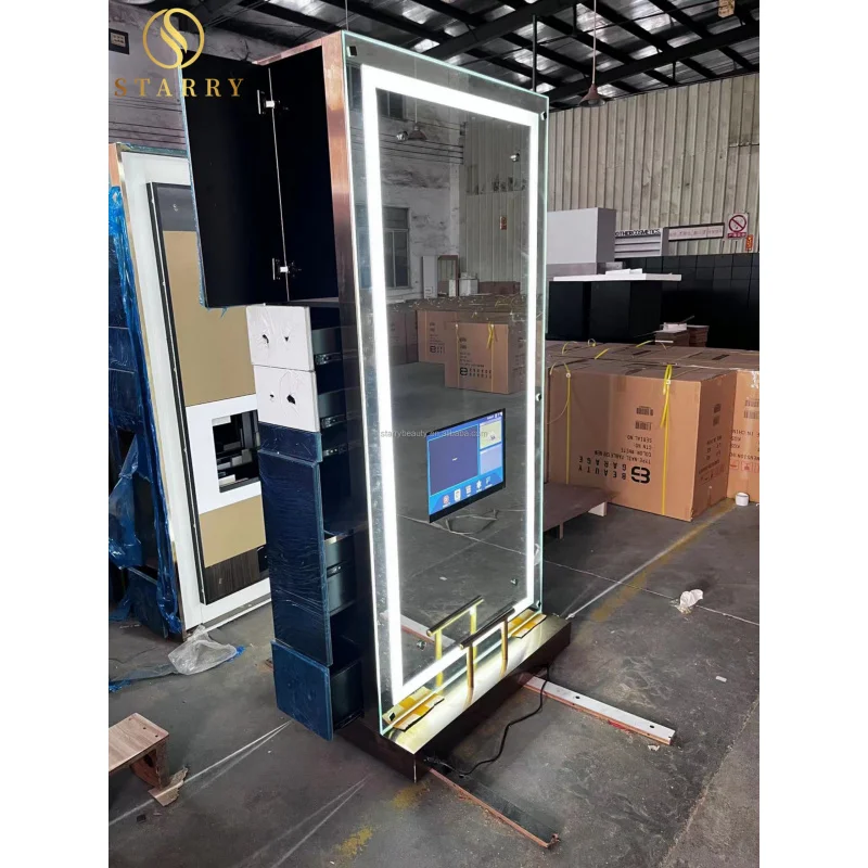 مخصص. محطات الحلاقة الذهبية المصنوعة من الفولاذ المقاوم للصدأ مزدوجة من جانب واحد LED محطة تصفيف مرآة صالون الشعر مع تلفزيون #4