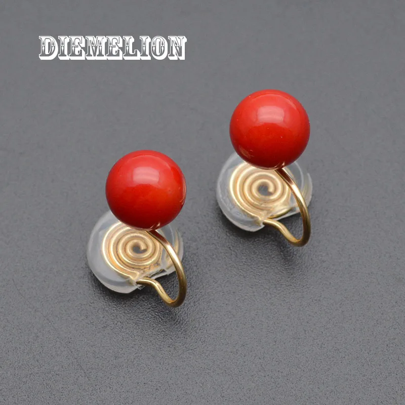 Hot Sale Natural Red Sea Bamboo Coral Clip on Earrings Without Piercing for Girls Party Simple No Hole Ear Clip Jewelry 8/10mm