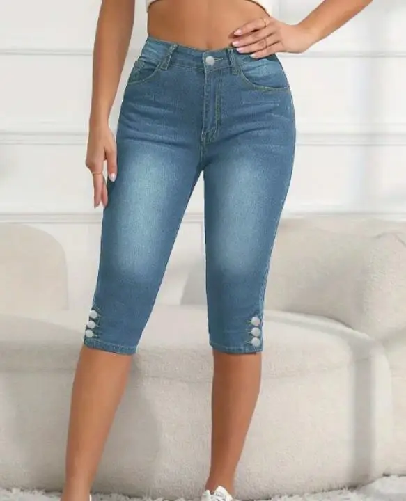 

Осенние женские повседневные однотонные облегающие укороченные брюки с низкой талией и пуговицами. Женские универсальные повседневные джинсы.