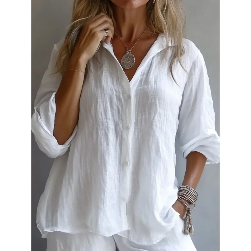 Women Loose Polo Collar Linen Shirt Roll Up Sleeve Pocket Solid Color Casual Blouse For European American Spring Summer