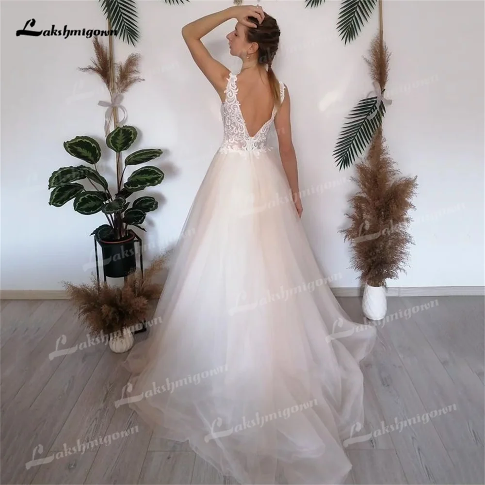 Vestido de novia sin mangas con apliques, traje bohemio de encaje de tul con cuello en V, Sexy, novedad