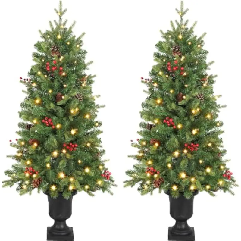 4FT pre-lit artificial pine trees set – 2 pieces with 120 warm white LED lights each, 13 lighting modes, 4 brightness levels, ti