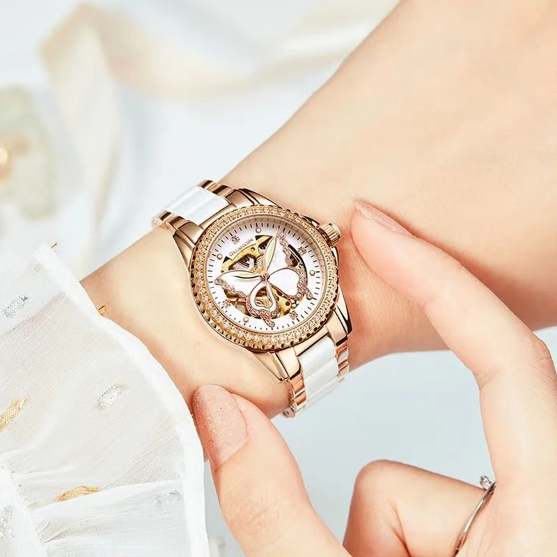 Guanqin relógio automático feminino luxo mecânico borboleta motivo esqueleto mostrador de aço lazer 50m à prova dwaterproof água relógios luminosos