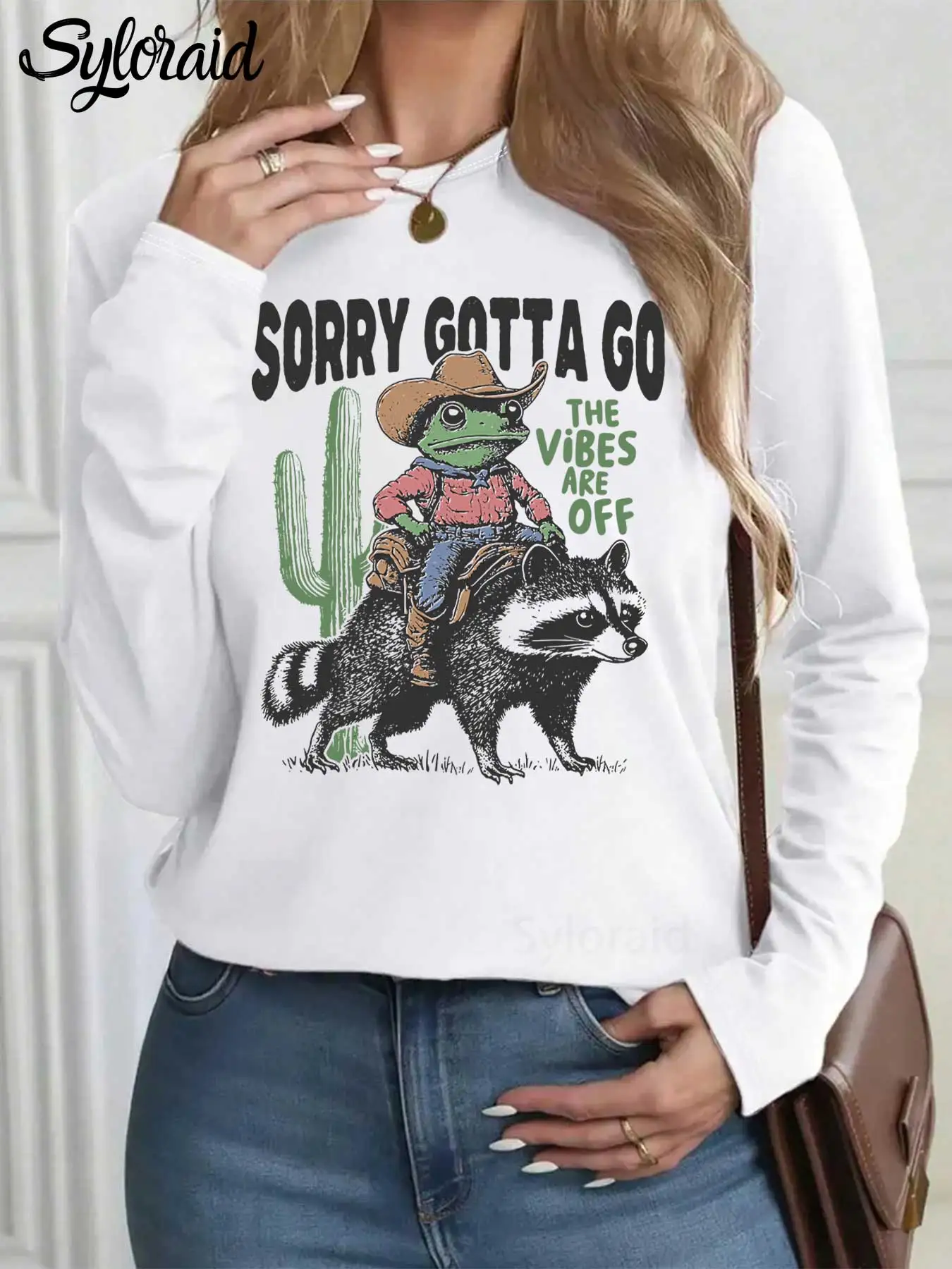 

Women's Long Sleeve T Shirt, Funny Frog Raccoon Graphic T Shirt Fashion Round Neck Casual Top for All Seasons