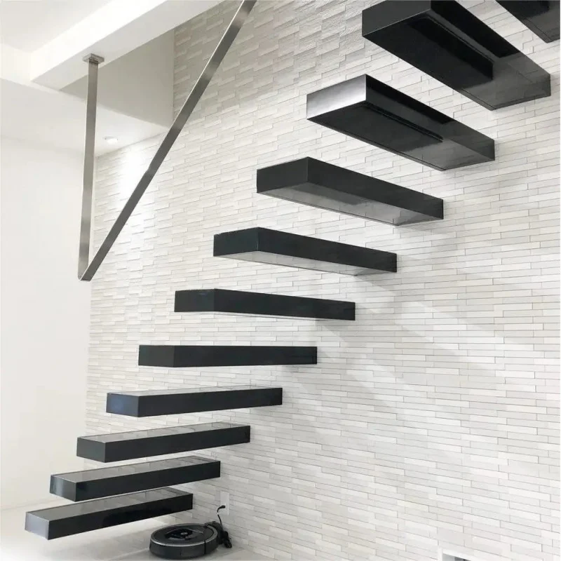 custom.Elegant Floating Staircase with Wooden Treads Glass Balustrade and Strong Steel Frame Open Riser Interior Stairs Home